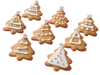 Wall Mural - Eight gingerbread Christmas tree cookies decorated with white icing and candy on a white background.  PNG transparent.