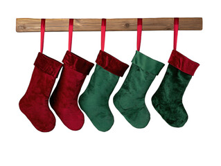 Wall Mural - Three red and green Christmas stockings hanging from a wooden bar with ribbons on a white background.  PNG transparent.