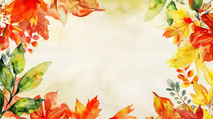 Wall Mural -  Aesthetic watercolor frame with autumn vibrant leaves, copy space, light background, foliage template. Generative AI