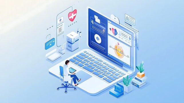 Futuristic Isometric Healthcare App for Online Doctor Consultation with Modern Medical Technology Interface