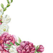 © Farida - Floral frame with lush peonies and delicate freesia in the corner. Hand drawn watercolor illustration isolated on white. For birthday greeting cards, Valentines Day, wedding invitations, labels.