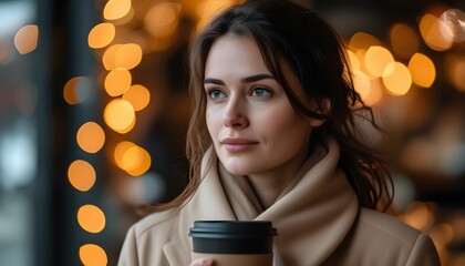 Wall Mural - Pensive woman in beige coat holding coffee cup with a dreamy bokeh background