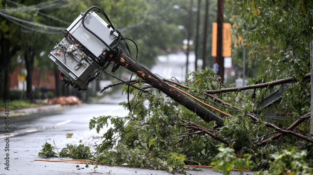 A transformer on a utility pole with a fallen tree entangled in power ...