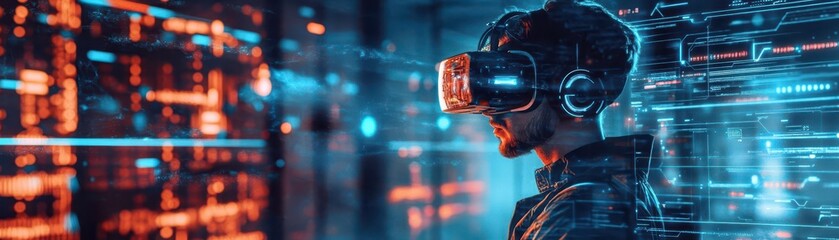 Aufkleber - Technicians controlling cloud servers with augmented reality glasses, digital interfaces floating, cyberpunk style, neon aesthetics