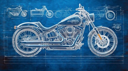 A diagram of a powerful motorcycle with a blue background, simple elegant design and industrial aesthetics