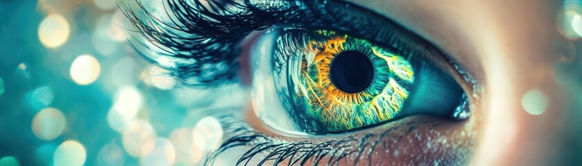 Human eye combined with optic nerve imagery close up, focus on, copy space Vivid greens and blues, double exposure silhouette with vision