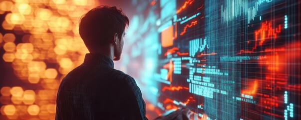 Aufkleber - Entrepreneur analyzing futuristic cryptocurrency exchange on a glowing holographic screen, digital grid background, Scifi, 3D render, High detail