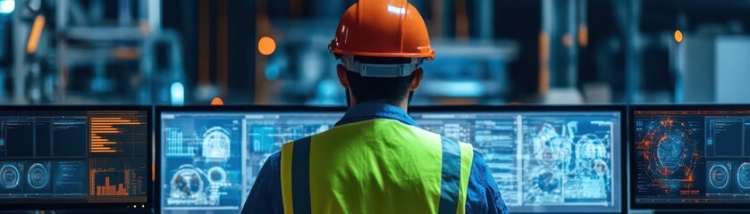 Poster - Engineers in reflective vests checking equipment via virtual dashboards, digital safety alerts displayed, high contrast, cyberpunk style, dark background