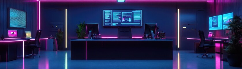 Poster - Corporate office where employees interact with 3D holographic business models, Scifi environment, cool neon colors, Highdetail, 3D render