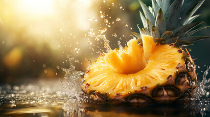 A juicy pineapple slice with a splash of its own delicious juice. The droplets are frozen in mid-air, like a burst of sunshine.  It's a refreshing and realistic image of pure pineapple goodness.