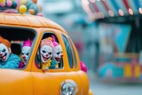 A pumpkin patch clown car with creepy clowns popping out, all wearing Halloweenthemed masks, parked at a spooky circus