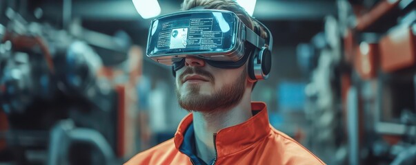 Poster - A repair worker in augmented reality goggles following holographic safety instructions, industrial background, sharp focus, scifi aesthetics