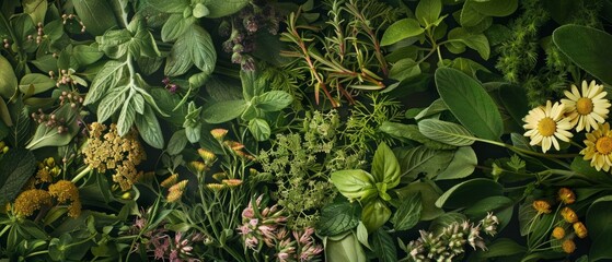 Fresh herbs like mint, cilantro, thyme, basil, rosemary, and sage on a black background with green leafy plants and pink/yellow daisies for a colorful, fresh composition.