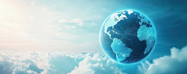 Poster - A holographic globe floating in the sky, representing global cloud integration and the flow of information between continents