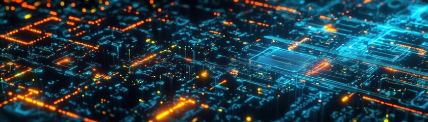Poster - A holographic city map with realtime data flow visualized in neon streams, representing smart city integration and AI infrastructure, cyberpunk style