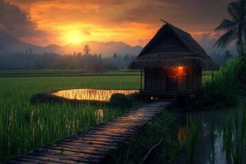 Wall Mural - A small wooden cottage in the middle of a beautiful rice field in Southeast Asia