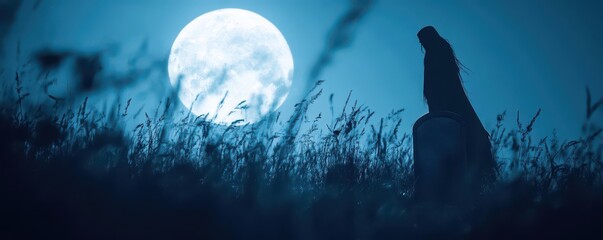  A ghostly figure rising from a gravestone, full moon close up, focus on, copy space Creepy night with glowing moonlight Double exposure silhouette with gravestone