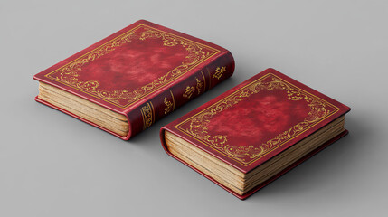 A realistic image of a closed and open book with a red spine and cover.  The book has a hard cover and gold decorations, making it look like a bestseller.