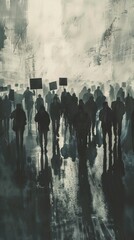 Wall Mural - Digital artwork depicts dense protest scene with varying-sized people holding placards in dark colors. Reflections on wet ground add depth and somber tone akin to oil painting.