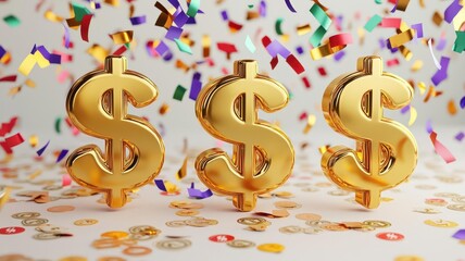 Pay day banner, golden dollar signs with confetti, payday celebration, 3D illustration