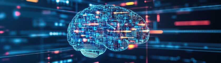 Poster - A digital brain constructed from layers of interwoven data streams, symbolizing the merging of human thought with AI and advanced software systems