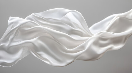 A set of white silk ribbons and satin fabric are shown flowing in the wind. The fabric looks like luxurious drapes or a cape. It's all against a gray background.