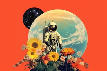 Poster - Collage Retro dreamy of a galaxy sunflower astronomy moon.