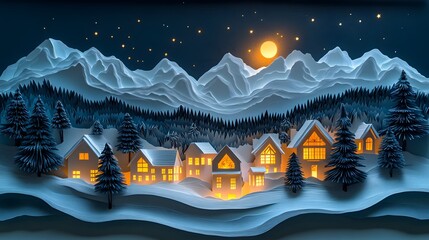 Serene snowy village at night with softly glowing homes, pine trees, and a sparkling starry sky, designed in 3D paper art cut.