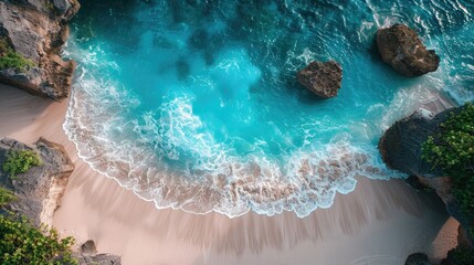 Wall Mural - Turquoise water of tropical lagoon washing sandy beach between cliffs