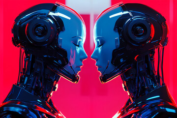 Poster - Two futuristic humanoid robots face each other against a vibrant background.