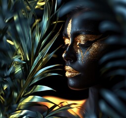 Wall Mural - Beauty black skin woman face with golden make up portrait with palm leaves on black background