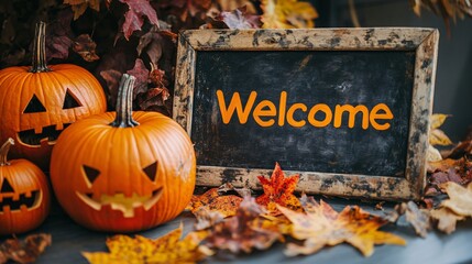 Wall Mural - Halloween pumpkins welcoming guests to autumn celebration