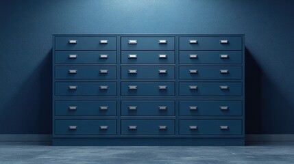 Blue metal filing cabinet standing in an empty room