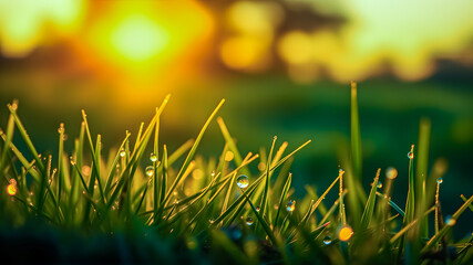 Peaceful lush green grass on meadow with drops of water dew in morning light in spring summer outdoors close-up macro panorama. Beautiful artistic image of purity and freshness of nature. AI generated