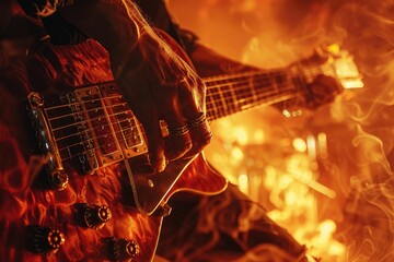 Poster - Guitarist playing electric guitar on stage with scenic lighting