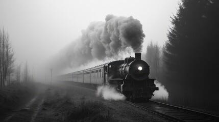 Wall Mural - Old steam train running on tracks in foggy forest