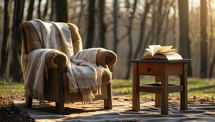 Wall Mural - Cozy reading nook bathed in sunlight with an inviting armchair, soft blanket, and an open book on a rustic wooden table