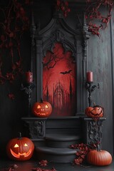 Sticker - Halloween decoration showing carved pumpkins and gothic altar with red backdrop