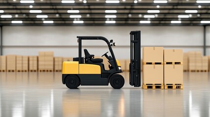 Canvas Print - A forklift truck actively loads pallets with glass panels and inflated plastic bottles into wooden boxes within a modern warehouse, highlighting industrial operations.