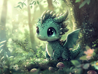 Wall Mural - Close-up of a baby dragon in the forest