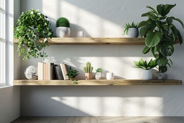 Wall Mural - Wooden Shelves with Plants and Books