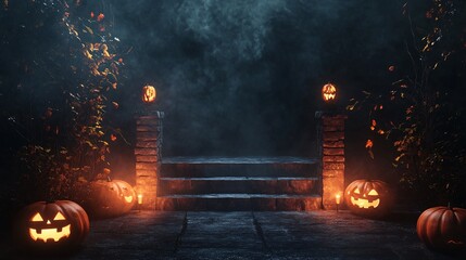 Wall Mural - Spooky stone staircase with glowing halloween pumpkins at night