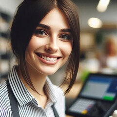 Close up of a white woman cashier Focus on her face smiling warm