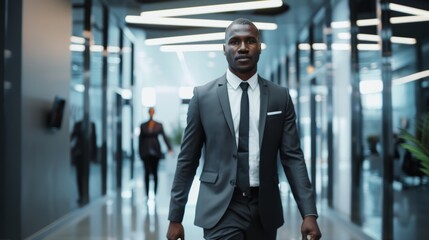 Black executive in a suit walking towards diverse business partners in a modern corporate office