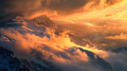 Poster - Stunning sunset over snowy peaks with mist clouds, rich golden colors