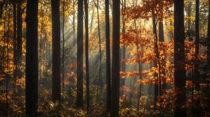 Wall Mural - A forest bathed in autumn light, with trees displaying their full autumn splendor.