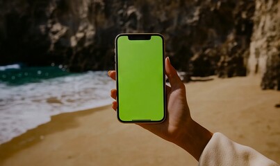 Wall Mural - A person holding up a phone with a green screen on the beach