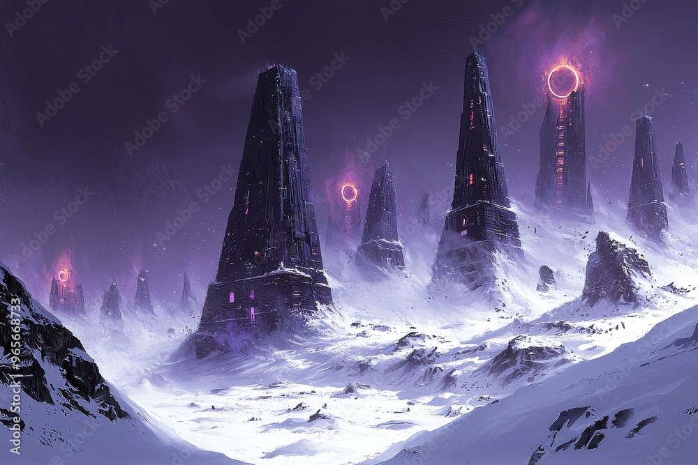 Futuristic alien landscape with towering spires and glowing orbs in a ...