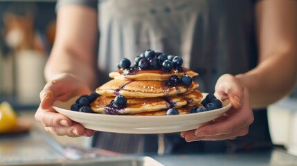 Hand holding a plate of blueberry pancake