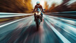 © OleksandrZastrozhnov - Front view of a motorcyclist racing along a highway at high speed. Biker on a sports motorcycle rides on the road with speed motion blur.
